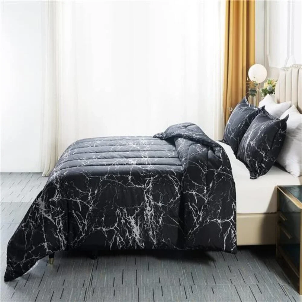 Black Marble Comforter Set Full Size, 3 Pieces Modern Pattern Soft Microfiber